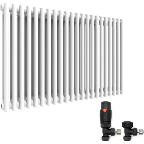 ELEGANT White 600 x 988 mm Traditional Radiator Cast Iron Style Horizontal Radiator White Double Horizontal Column Radiators and Anthracite Thermostatic Radiator Valves (1/5)
