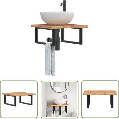 The Living Store Étagère de vasque murale acier et bois de chêne massif - Meuble De Salle De Bain - Étagère Murale - Étagère De Lavabo - Meuble Suspendu - Rangement Salle De Bain (1/5)