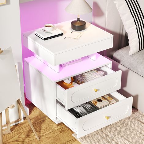 Mesita de noche 50x40x60 cm de aglomerado blanco con LED, 2 cajones - CHICFURN (1/5)