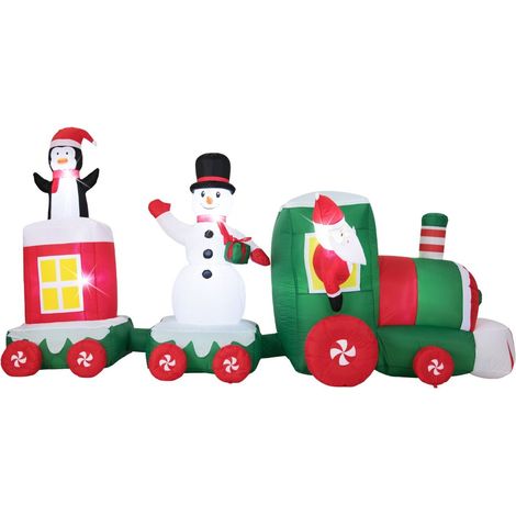 COSTWAY Treno di Natale Gonfiabile 350 cm, Babbo Natale alla Guida con Pupazzo di Neve, Pinguino, Scatola Regalo e Luci LED, Grande Decorazione Natalizia da Esterno, per Festa, Giardino e Cortile (1/4)