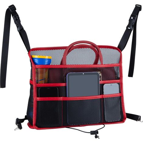 1 Organiseur de siège, filet de rangement, support sac à main, console automobile, barrière animaux, noir rouge (1/5)