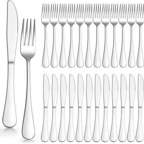 Lot de 24 Steak, Inox, Couteaux Et Fourchettes, 12 Personnes, Argent, Pizza, Complet, Rapide, Robuste, Maison (1/5)