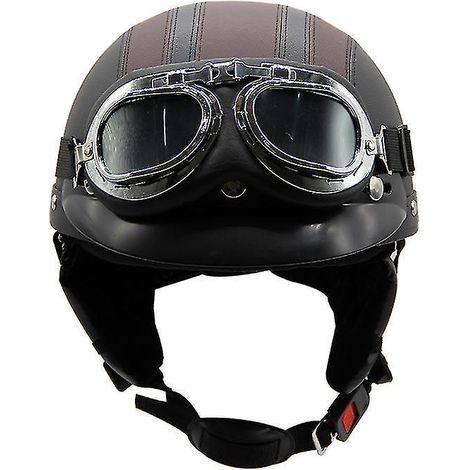 Casque de moto d'été léger en cuir style rétro Harley, avec lunettes de protection, demi-casque tendance, pour véhicules électriques, noir et marron. (1/3)