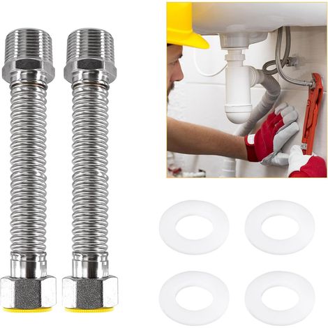 Lot de 2 tuyaux ondulés flexibles en acier inoxydable 304 de 20 cm Tuyau de raccordement universel extensible pour raccordement d'eau, chauffage, adoucissement (1/5)