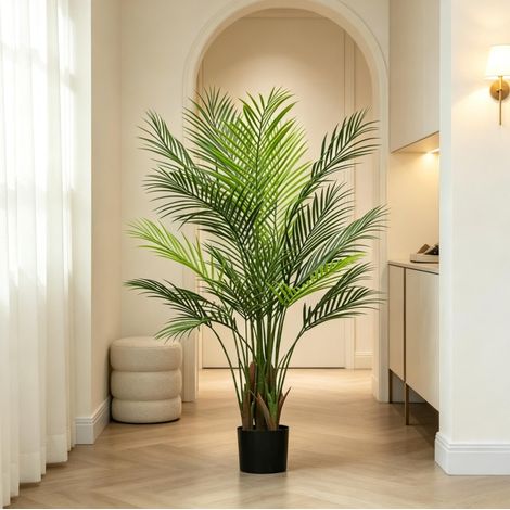 Palmera artificial Areca 120 cm verde con 22 hojas y maceta decorativa (1/5)