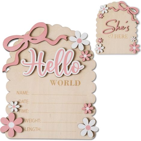 Panneau de naissance en bois double face - Carte « Bonjour le monde » avec l'inscription « Elle est là » au verso, accessoire photo pour la maternité et souvenir de baby shower pour petites filles (1/5)