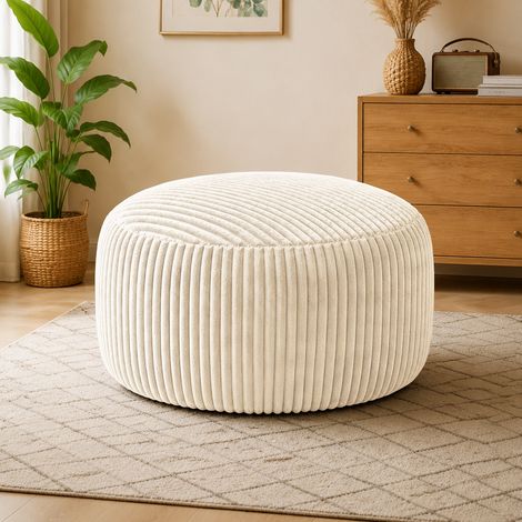 Poltrona pouf rotonda in corduroy bianco, imbottitura in memory foam, seduta morbida e avvolgente (1/5)