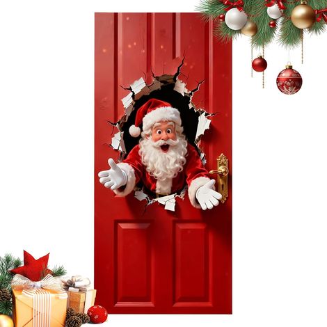 Bannière De Porte De Noël, Décoratif Père Noël 2D À Effet Mur Cassé, Couverture D'Arrière-Plan De Porte pour Les Fêtes, pour Salle De Classe, École, Cuisines, Salles De Bain, Chambres Et La (1/5)