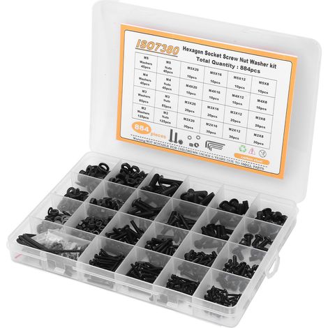 Kit de 884 vis à six pans creux en acier au carbone, tête bombée, avec écrous, rondelles et clé Allen (1/5)