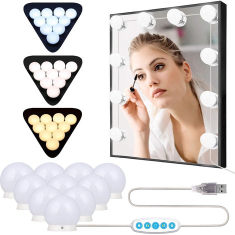 Lumière de Miroir,Lampe Miroir Maquillage LED avec 10 Ampoules de Dimmable et 3 Modes de Couleur,Lumière Miroir Hollywood pour Miroir de Maquillage et Coiffeuse