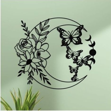 Décoration murale en métal papillon et lune – 32 x 28 cm – Design élégant pour intérieur et extérieur – Résistant à la rouille (1/4)