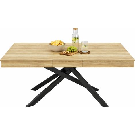 Table à manger extensible 140 à 180 cm pour 6 à 8 personnes, plateau épais, pieds croisés en métal, style sobre, bois clair, CHICFURN (1/5)