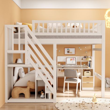 Lit mezzanine 140x200 avec escalier rangement et barrière haute - pin massif et mdf - gain de place - blanc (1/5)