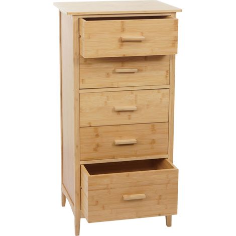 Bambus Kommode HHG-869, Badezimmerschrank Schrank Anrichte Badschrank Beistellschrank, 5 Schubladen, MVG 100x50x40cm