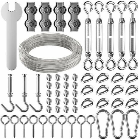 30m Corde en Acier Inoxydable à Suspendre Kit,2mm Câble en acier inoxydable revêtu avec Tendeur et Crochets,pour Suspension Lumineuse,plante grimpante,corde a linge,rideau pergola,rambarde. (1/5)
