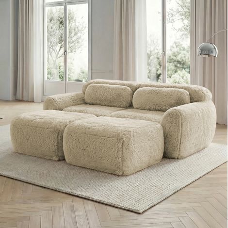 Sofá modular nube de 2 plazas con 2 otomanas, sin montaje, tejido peluche, beige claro DESVIAE (1/5)