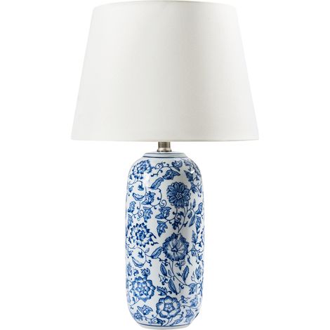 Lámpara de mesa elegante con base de porcelana con patrón floral y pantalla de lino claro iluminación de la sala de estar dormitorio azul y blanco Aibonito (1/5)
