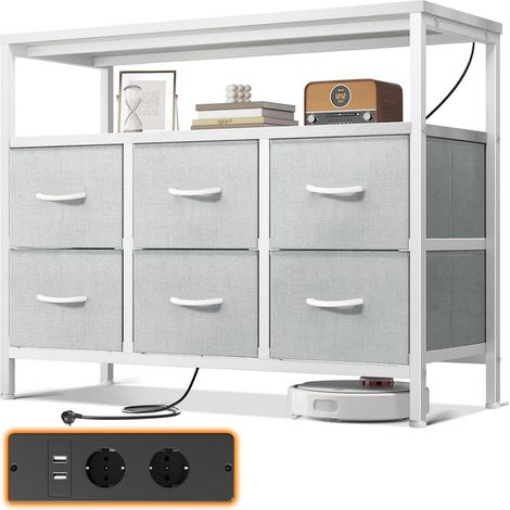Schubladenschrank mit 6 Stoffschubladen, 2 Steckdosen & 2 USB, Weiß (1/5)