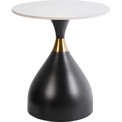 Mesa auxiliar tablero de piedra sinterizada blanco aspecto natural base de metal negro detalles dorados diseño moderno ø 50 cm Ituna