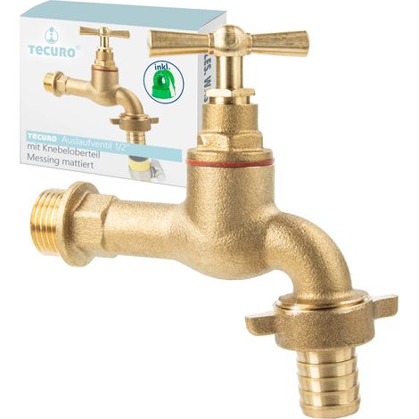 tecuro Auslaufventil 1/2 Zoll, Knebeloberteil, Schlauchtülle, Dichtband - Messing mattiert