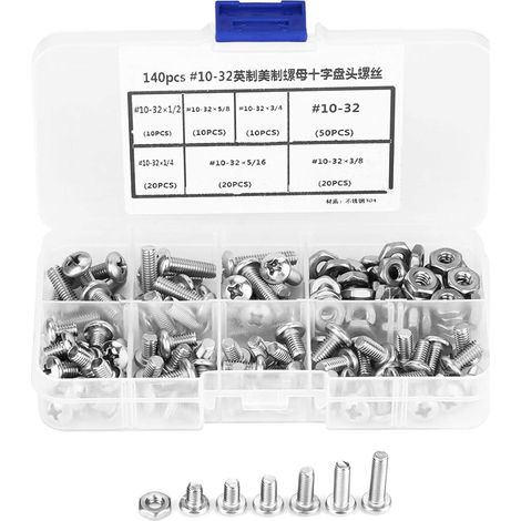 Assortiment de kits de vis, assortiment d'écrous et de boulons 140 pièces 10-32 304 tête cylindrique PH en acier inoxydable avec de nombreux choix de spécifications pour l'outil de réparation (1/5)