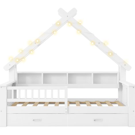 Lit Cabane Lit Simple avec LED, 2 Tiroirs et Étagères, 90 × 200 cm, sans Matelas, Blanc, Bois (1/4)