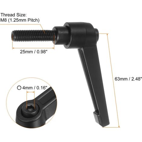 Lot de 6 poignées de serrage M8 x 25 mm à filetage extérieur, en alliage d'aluminium, réglables, pour machines-outils, équipements de soudage et appareils de pression, noir. (1/4)