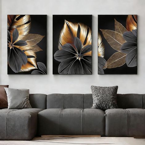 CCYKXALot de 3 posters conçus sur toile, noir et blanc doré, art abstrait, tableaux muraux lignes, décoration pour le salon,sans cadre (Plantes, 50 x 70 cm)
