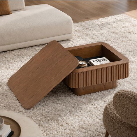 Mesa de centro cuadrada 75 cm con almacenamiento oculto, tablero elevable, para salón, MDF y chapa de madera - nogal (1/5)