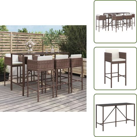 Ensemble de bar de jardin avec coussins 7 pcs marron poly rotin - Salon De Jardin - Mobilier De Jardin - Set De Bar - Table De Bar - Chaises De Bar
