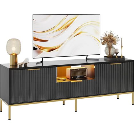Meuble TV pour téléviseurs 55/60 Pouces, Meuble multimédia Moderne avec Rangement, Console multimédia avec Motif ondulé pour Salon et Chambre à Coucher, Noir Brillant (1/5)