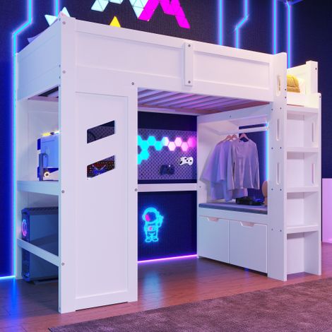 Okwish – Lit mezzanine 90x200 cm – Bureau intégré avec éclairage LED et port USB – Structure en pin massif et MDF – Blanc – Tiroir de rangement