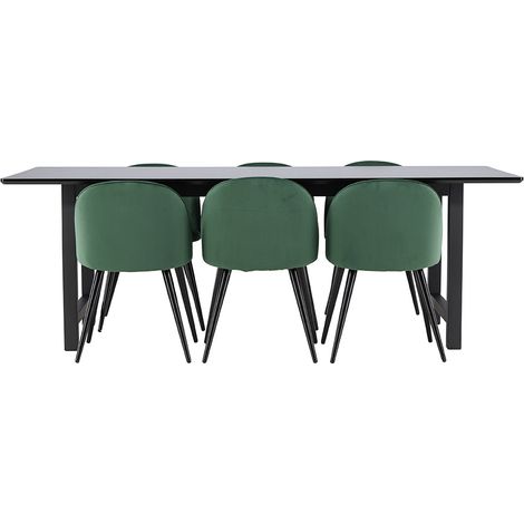 Oslo ensemble pour salle à manger table de salle à manger 100x220cm noir et 6 Skagen chaise velours vert. (1/5)