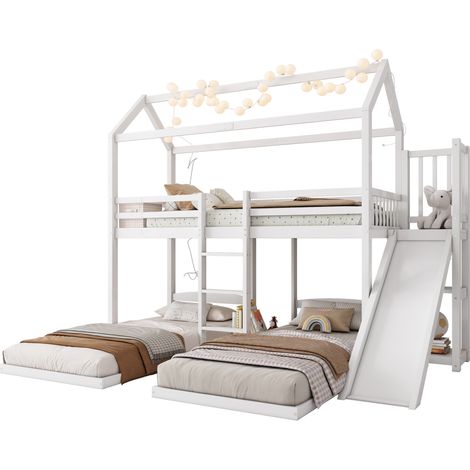CHICFURN Litera infantil 90x200 cm de madera blanca con tobogán y 3 camas (1/5)