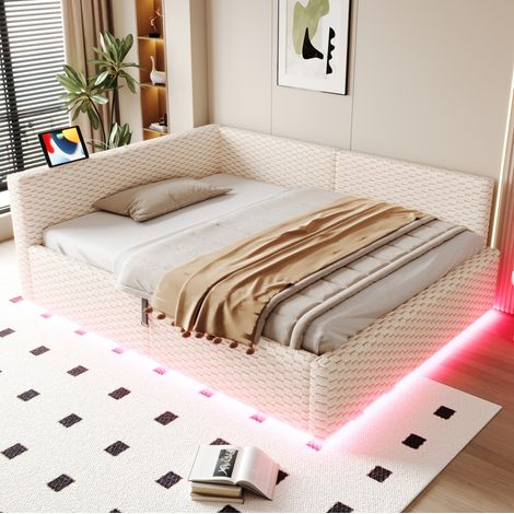 Bett Schlafbett Stauraum 140x200 LED Samt Beige HAVRYA (1/5)