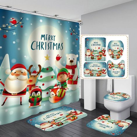 Rideau De Douche De Noël - Tapis De Bain Anti-Dérapant - Couvre-Wc - Tapis Carré Et En Forme De U - 4 Pièces - 180x180 Cm - Polyester Imperméable (1/5)