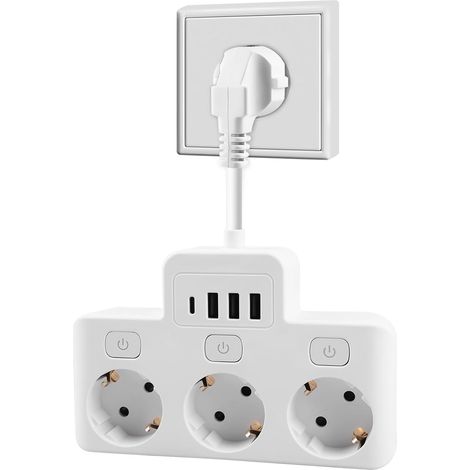 Multiprise 3 prises - 4000 W - 16 A - USB - Multiprise avec 3 ports USB - Pour le bureau, la maison et les voyages