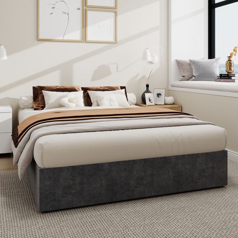 Letto contenitore per adulti 140x200 cm, idraulico, matrimoniale, rete a doghe, senza testiera, materasso, velluto, grigio