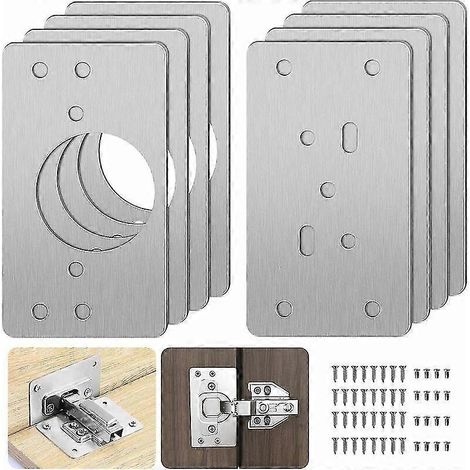 Piastra di riparazione per cerniere di mobili, set di 8 staffe di riparazione in acciaio inox con 48 viti, facile installazione, per mobili e scaffali in legno. (1/5)