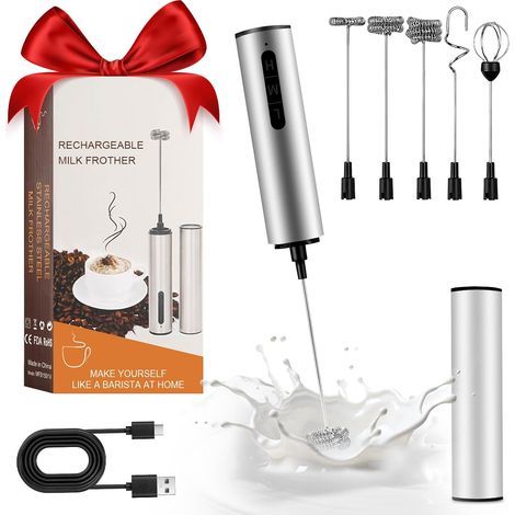 Mousseur à lait électrique rechargeable par USB, portable, en acier inoxydable, avec 5 fouets, design étanche pour café, latte, cappuccino et boissons (1/5)