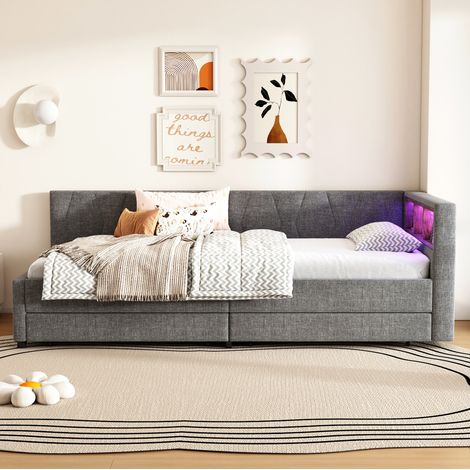 Cama 90x200 cm con LED regulable, USB+Tipo C, 2 cajones y estantes en cabecero, estructura de tela y MDF, 300 kg, gris, ideal para dormitorio - CHICFURN (1/5)