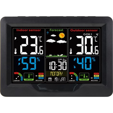Estación meteorológica GABRIELLE, estación meteorológica inalámbrica DCF para interiores y exteriores con sensor exterior, pantalla LCD digital a color, termómetro, higrómetro, barómetro, fase lunar y