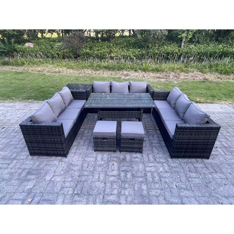 Fimous 11 Seater Outdoor PE Wicker Garden Furniture Rattan Lounge Sofa Set Patio Rectangular Dining Table with 2 Small Footstool Side Table Dark Grey Mixed (1/5)
