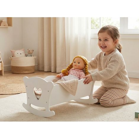 Puppenwiege aus Holz mit Schaukelfunktion und rosa Bettwäscheset für Puppen bis zu 50 cm. (1/5)