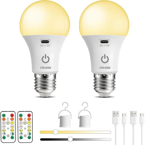 Ampoules Rechargeables USB avec Télécommande, 3 Couleur Dimmable & Fonction de Timing, 7W E27 Ampoule Sans Electricite Fil, Touch Control, Extérieur Camping Ampoule sur Batterie de Secours, Lot de 2 (1/5)