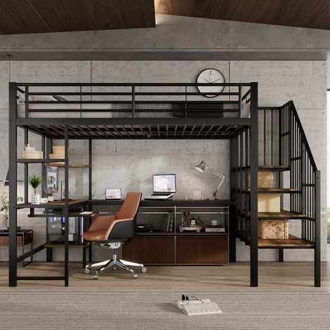 Hochbett 120x200 cm mit Schreibtisch und Treppe, Metallbett mit Ladeanschluss & Tastaturablage, Eisenbett Schwarz, 251,5x125x170 cm (1/5)
