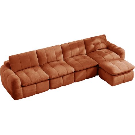 Canapé d’angle modulable 4 places orange en chenille, sans structure, assise large et profonde, pouf inclus, 334 x 160 x 68 cm (1/5)