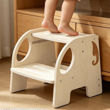 Taburete para niños, taburete de madera portátil antideslizante, 2 escalones, taburete estable para niños, carga máxima 150 kg, dos alturas ajustables, para baño y cocina, elefante (1/5)