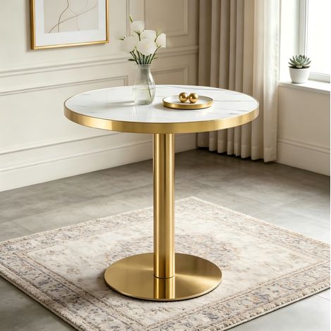 MEUBLIV Table d'appoint ronde 60 cm blanc et doré – effet marbre, structure stable (1/5)