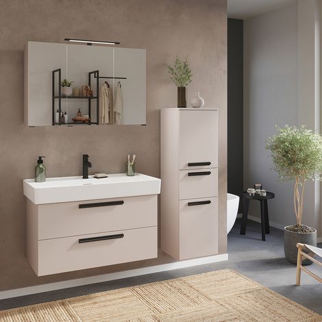 Badmöbel Set 3-teilig Waschtisch mit Waschbecken, Spiegelschrank und Midischrank, in Beige - ATELLA-03 (1/5)